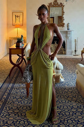 Halter Cutout Beaded Ruffle Maxi Dress