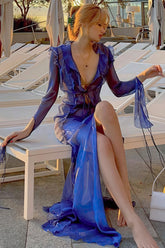 Chic Sheer V Neck Wrap Tie Slit Maxi Dress