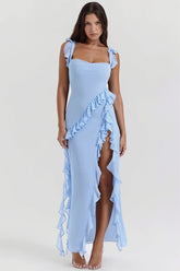 Ribbon Ruffle Splice Slit Maxi Dress