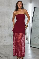 Sexy Lace Insert Strapless Two Piece Set Maxi Dress
