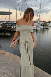 Off Shoulder Tie Strap Bodycon Maxi Dress
