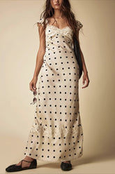 Lace Splice Satin Polka Dot Maxi Dress