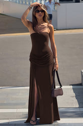 Chic Solid Strapless Ruched Side Slip Maxi Dress