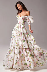 Floral Print Off Shoulder Puff Sleeve Organza Maxi Dress