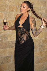 Sexy Sheer Lace Halter Open Back Bodycon Maxi Dress
