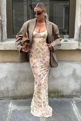 Sexy Low Cut U-Neck Floral Print Slit Cami Maxi Dress