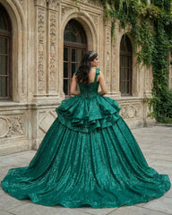 Ball-Gown Lace Emerald Green Glitters Quinceanera Dresses