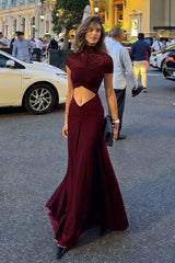 Open Back Cut Out Crop Top Flared Maxi Dress
