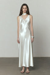 Simple Solid Satin V Neck Loose Maxi Dress