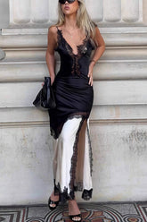 Lace Ruffled Patchwork Asymmetrical Spaghetti Strap Slit Maxi Dress