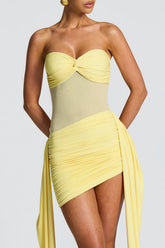Elegant Mesh Splicing Ribbon Tie Solid Color Strapless Mini Dress