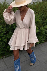 Fashion Solid Color Waist Cinching Mini Dress