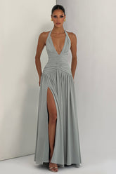 Elegant Halter Neck Slit Backless Maxi Dress