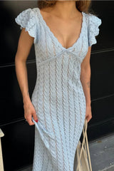 French Ruffle V Neck Knit Pastoral Maxi Dress