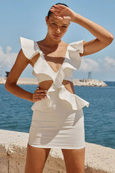 Sexy V-neck Waist Cutout Ruffle Bodycon Mini Dress