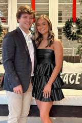 Black - Strapless A Line Satin Ruffle Short Homecoming Dress