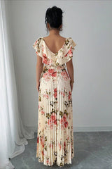 Floral Print Ruffle Sleeve V Neck Pleated Elegant Maxi Dress