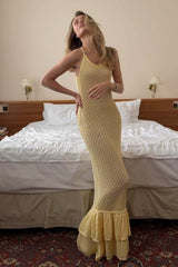 Boho Ruffle Knit Sexy Cutout Sheer Cami Maxi Dress
