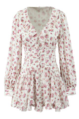 White Floral Ruched Short Party Dress