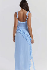 Ribbon Ruffle Splice Slit Maxi Dress