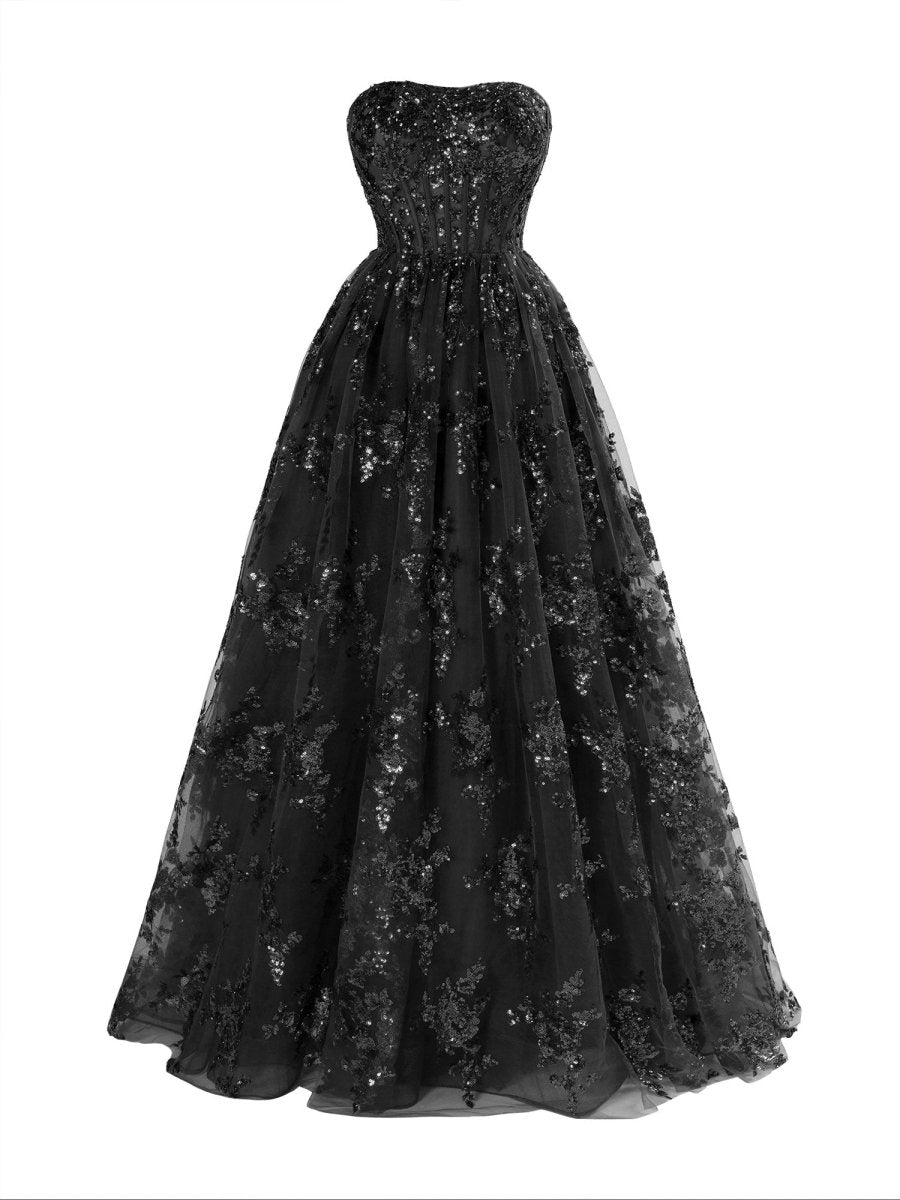 Black - A Line Strapless Pleating Long Prom Dress With Applique