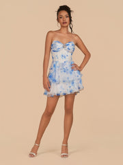 Blue - A Line Strapless Floral Chiffon Homecoming Dress with Beads