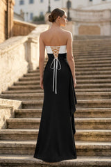 Black-White - Mermaid Strapless Satin Pleated Long Prom Dress with Slit