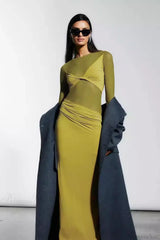Tulle Panel Sexy Sheer Long Sleeve Maxi Dress